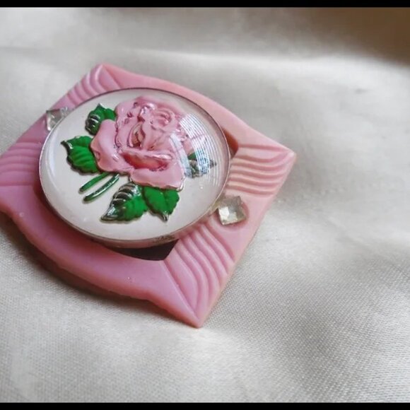 Pink Rose Brooch With Vintage Goofus Glass Retro Romantic - Picture 4 of 12